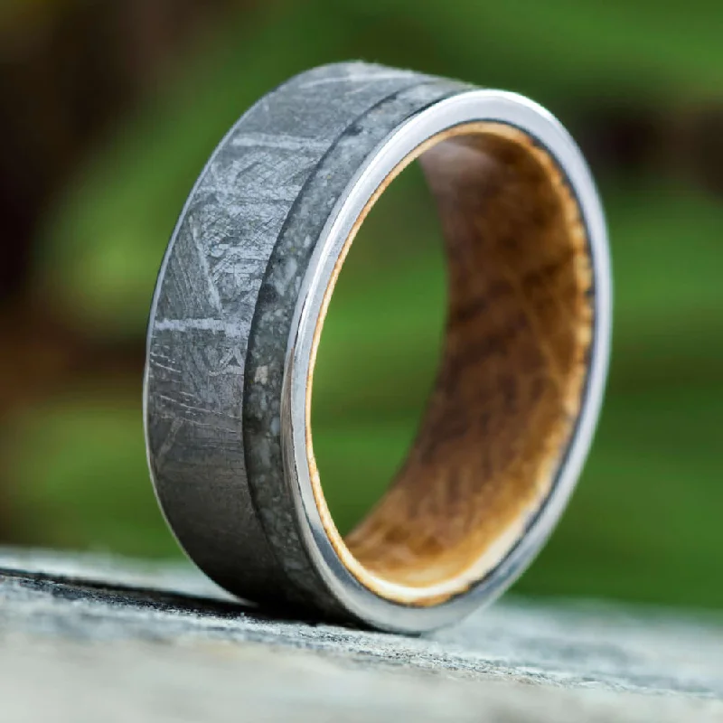 Memorial Ring With Meteorite And Whiskey Barrel Oak Sleeve