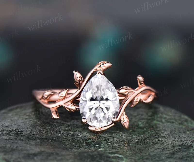 Vintage pear shaped moissanite engagement ring leaf flower solitaire unique rose gold engagement ring antique bridal wedding ring for women