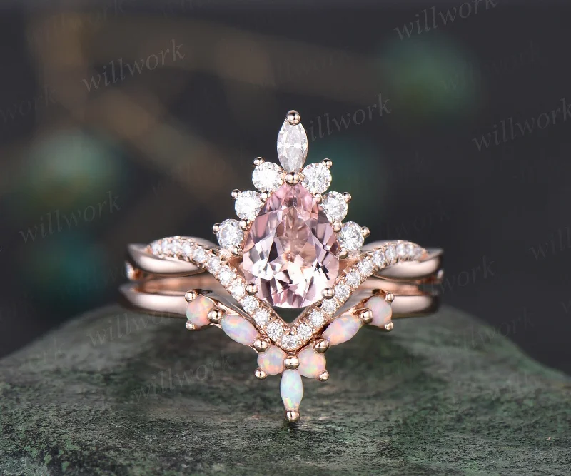 Pear pink morganite ring rose gold Twisted halo moissanite ring art deco opal ring women unique engagement ring bridal set fine jewelry