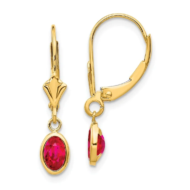 14k Yellow Gold 6x4 Oval Bezel July Ruby Lever back Earrings (L-23 mm, W-4 mm)