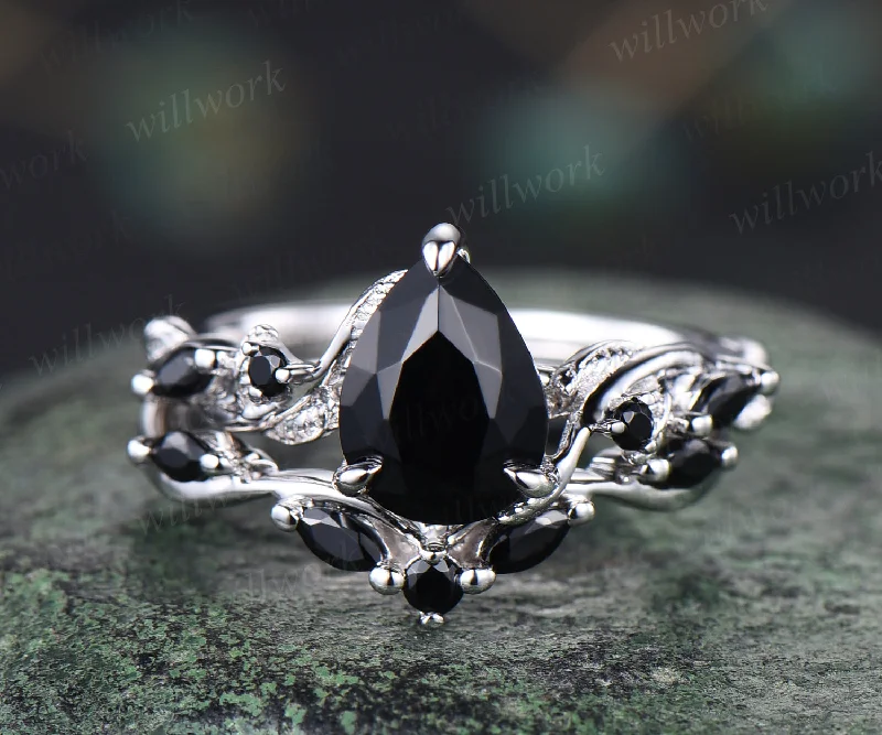 Unique black Onyx engagement ring set vintage pear black onyx leaf ring art deco black spinel wedding band bridal set gifts for women