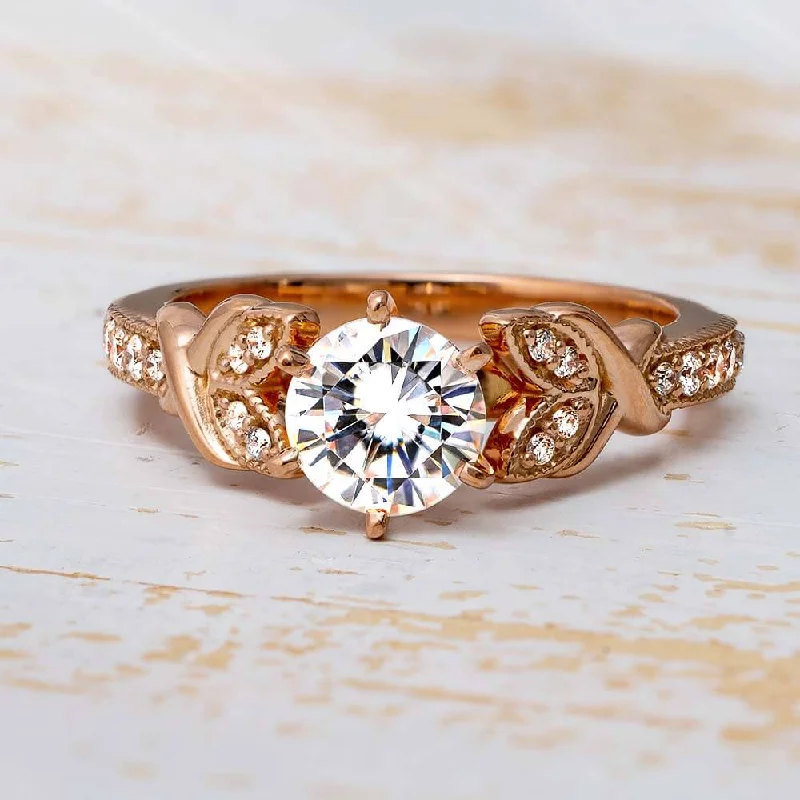 Diamond Engagement Ring with Leaf-Shaped Accent Band