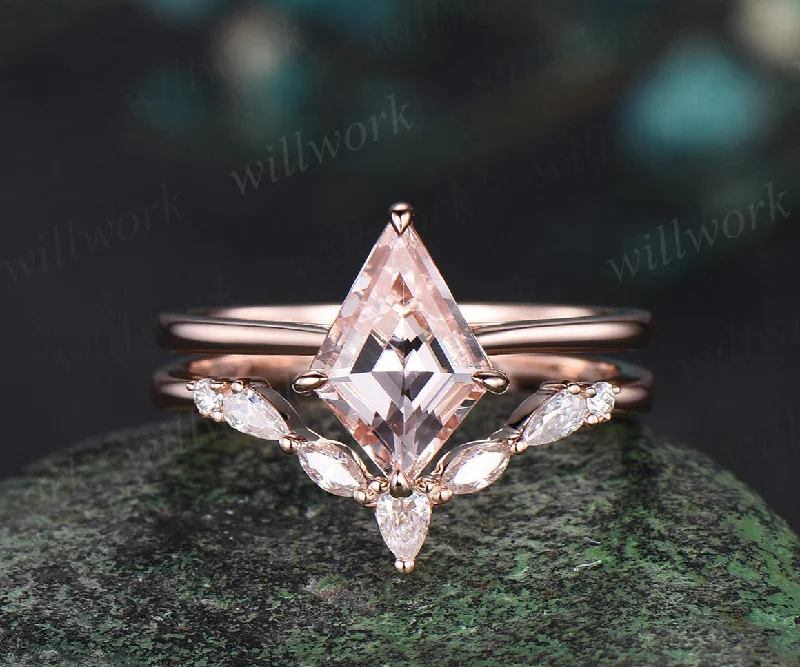 Kite cut morganite engagement ring solid 14k rose gold Solitaire ring unique bridal ring set women