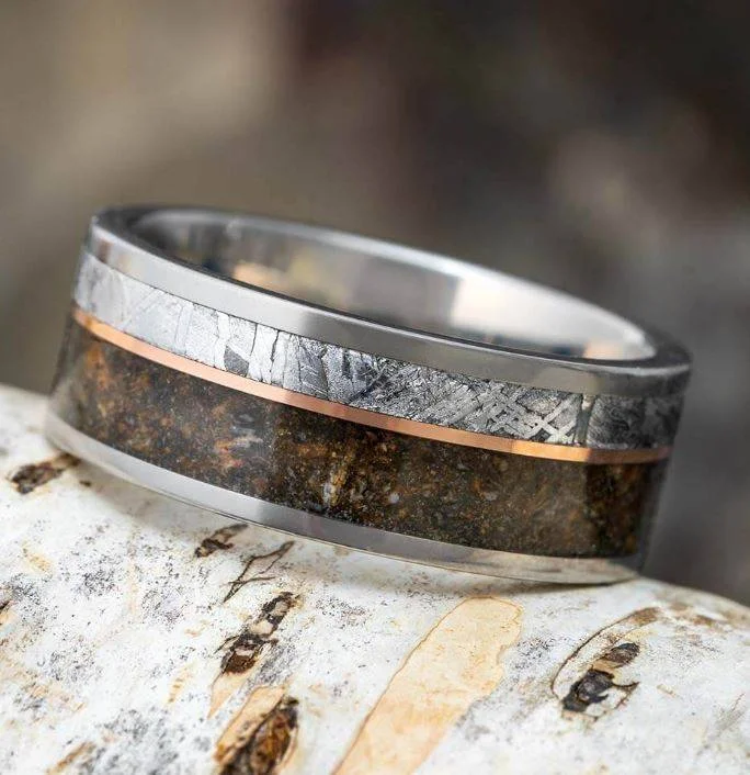 Genuine Meteorite & Fossilized Dino Bone Ring With Offset Pinstripe