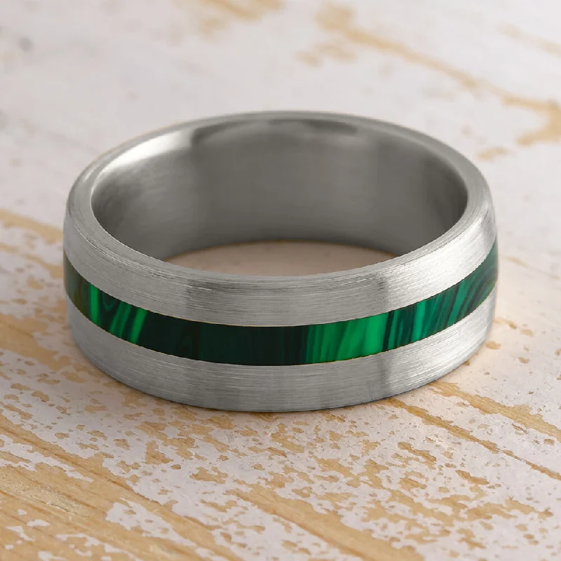 Malachite Ring, Brushed Titanium Wedding Band