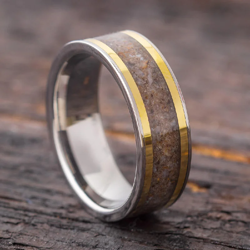 Crushed Dinosaur Bone Wedding Band With Gold Pinstripes