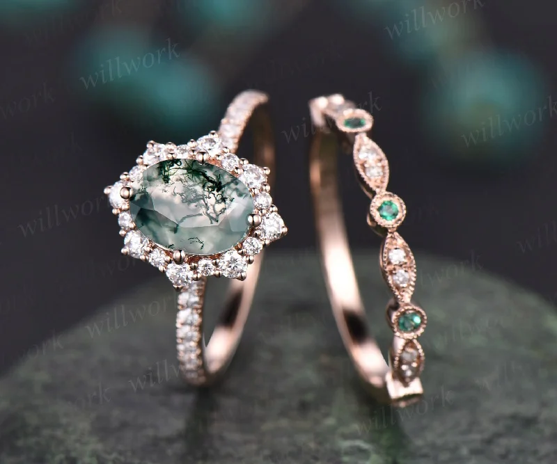 Oval cut moss agate ring gold silver vintage unique green moss agate engagement ring set art deco emerald diamond wedding ring set for women