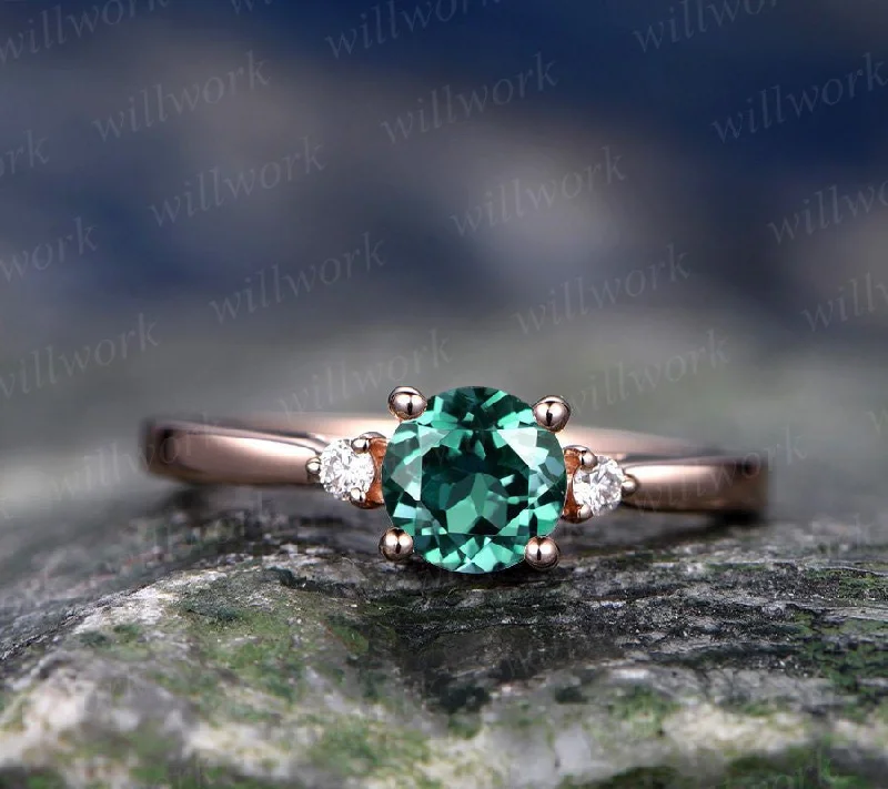 Three stone emerald engagement ring rose gold emerald ring gold diamond ring may birthstone antique Lab emerald wedding bridal promise ring