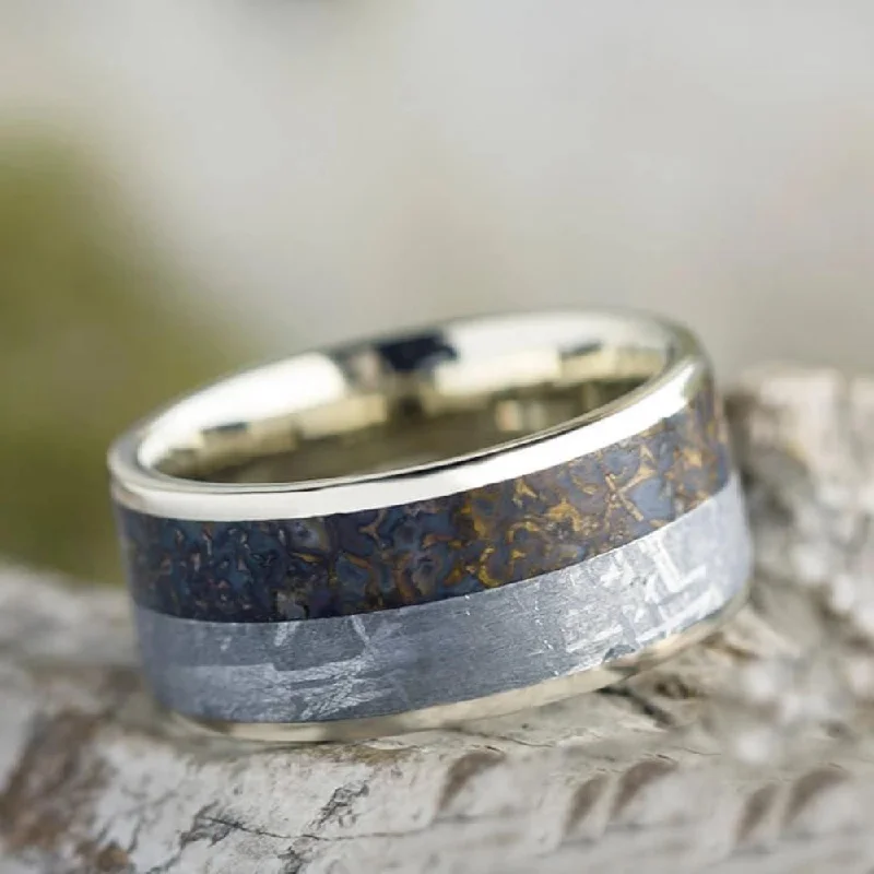 10mm Men's Wedding Band With Meteorite & Dinosaur Bone