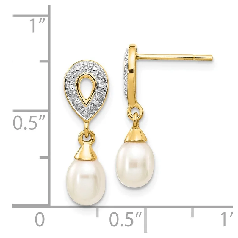 14k Yellow Gold Diamond And 7x5mm Egg Pearl Dangle Earrings (L-19 mm, W-5 mm)