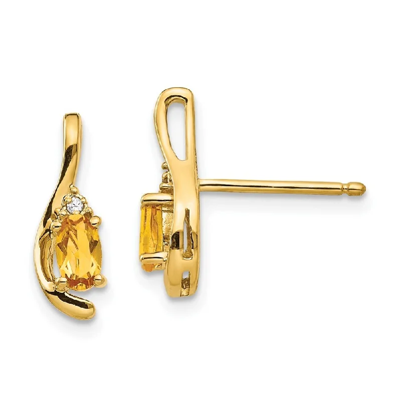 14k Yellow Gold Diamond And Citrine Stud Earrings (L-14 mm, W-5 mm)