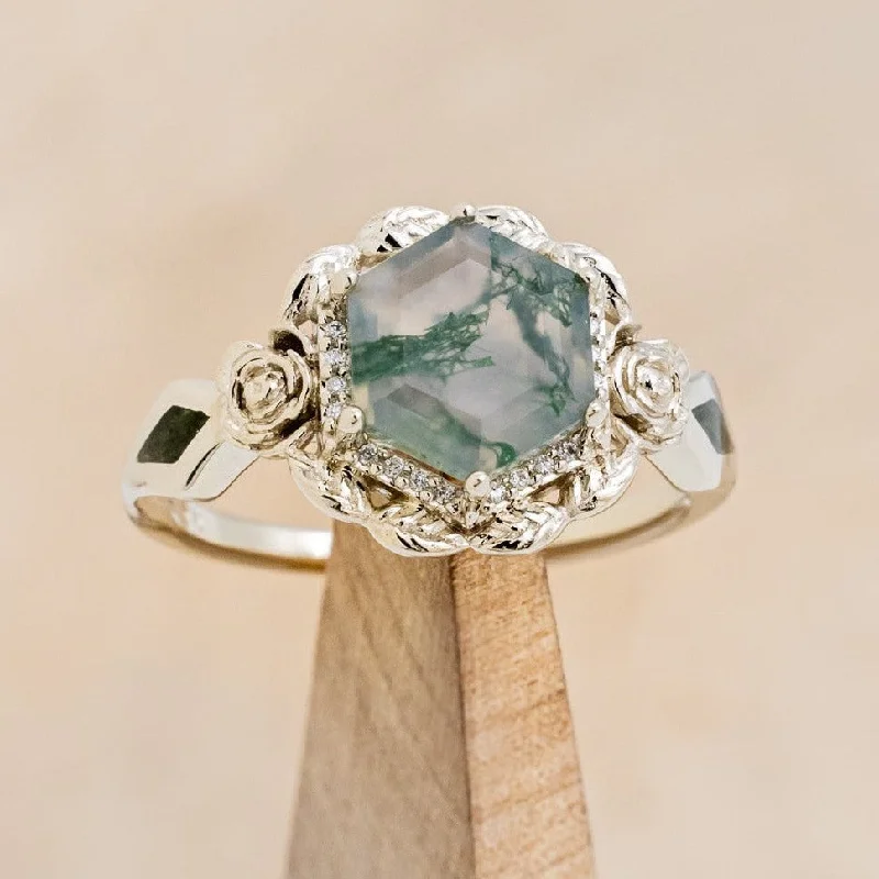 "LUCY IN THE SKY" - HEXAGON CUT MOSS AGATE ENGAGEMENT RING WITH DIAMOND HALO, MOSS INLAYS & ROSEBUD ACCENTS