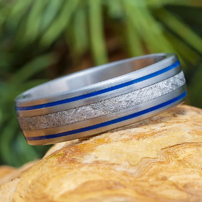 Men's Meteorite Wedding Band with Stripes of Blue Enamel