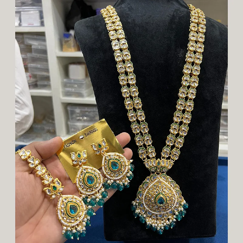 Hira Collections Gold Plated Kundan Stone And Beads Long Necklace Set