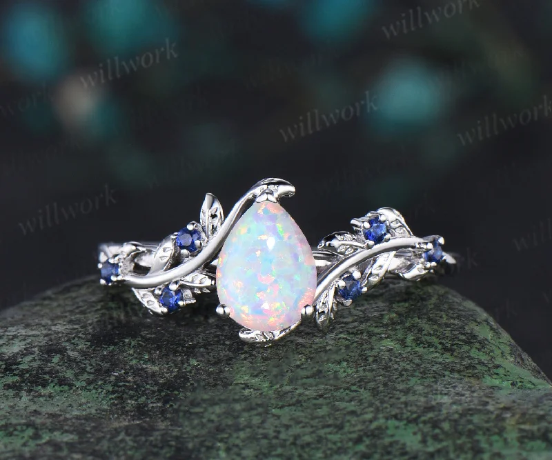 Pear shaped opal engagement ring white gold leaf branch vintage sapphire anniversary ring women