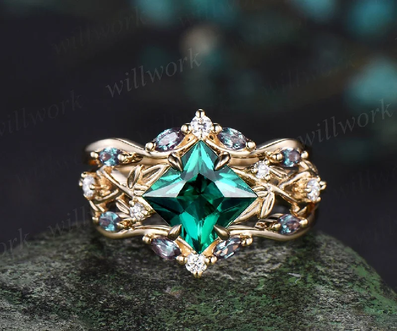 Princess cut green emerald engagement ring set 14k yellow gold five stone leaf branch Nature inspired alexandrite bridal ring set women gift