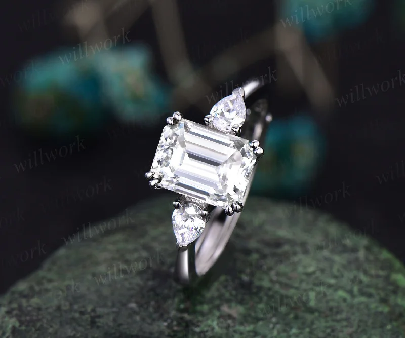 Emerald cut moissanite engagement ring 14k white gold three stone vintage unique pear shaped moissanite engagement ring minimalist for women