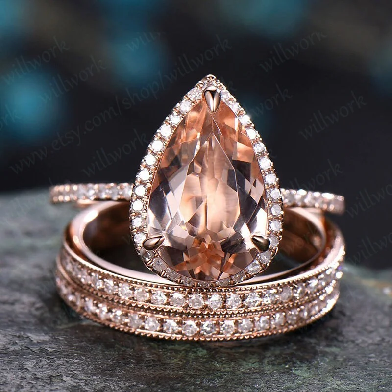 8x12mm pear shaped morganite engagement ring set 14k rose gold vintagehalo half eternity diamond promise bridal wedding ring set for women