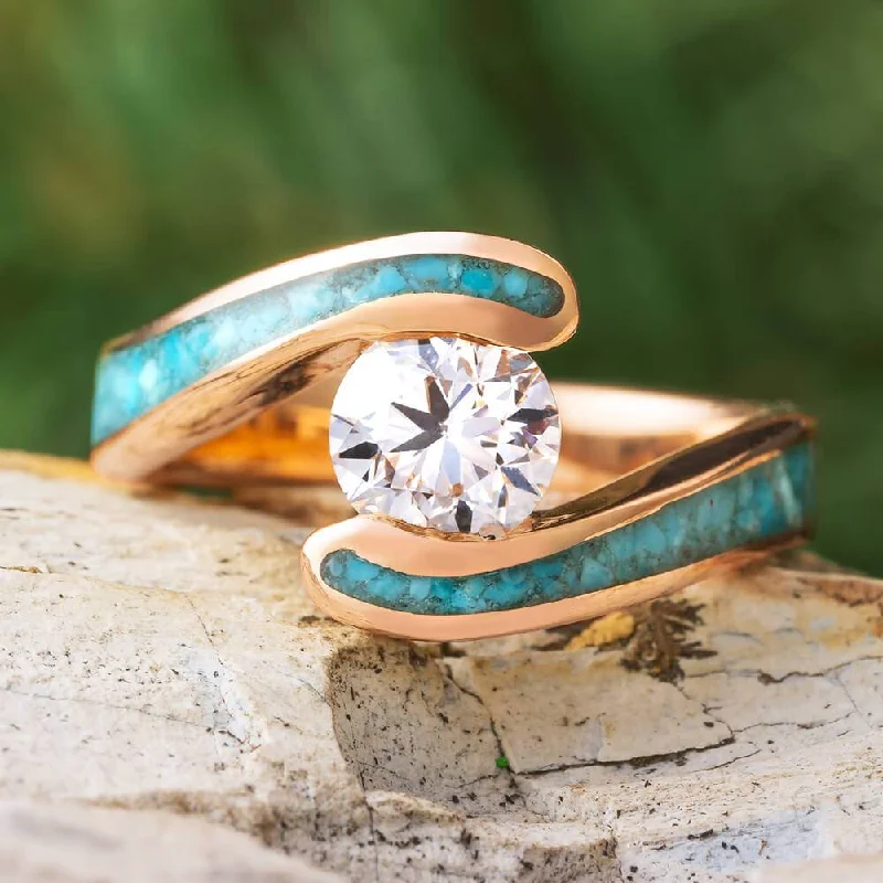 Diamond and Turquoise Engagement Ring With Faux Tension Setting