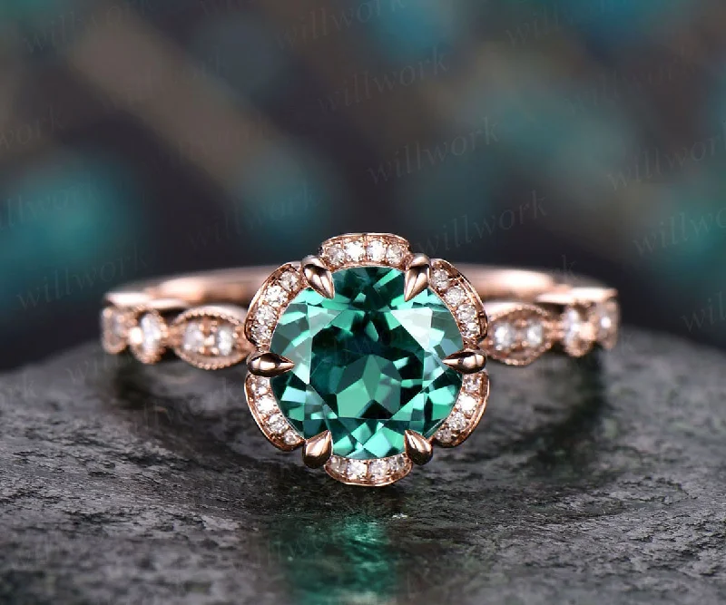 7mm emerald ring vintage emerald engagement ring 14k rose gold diamond under halo ring unique antique marquise floral wedding promise ring