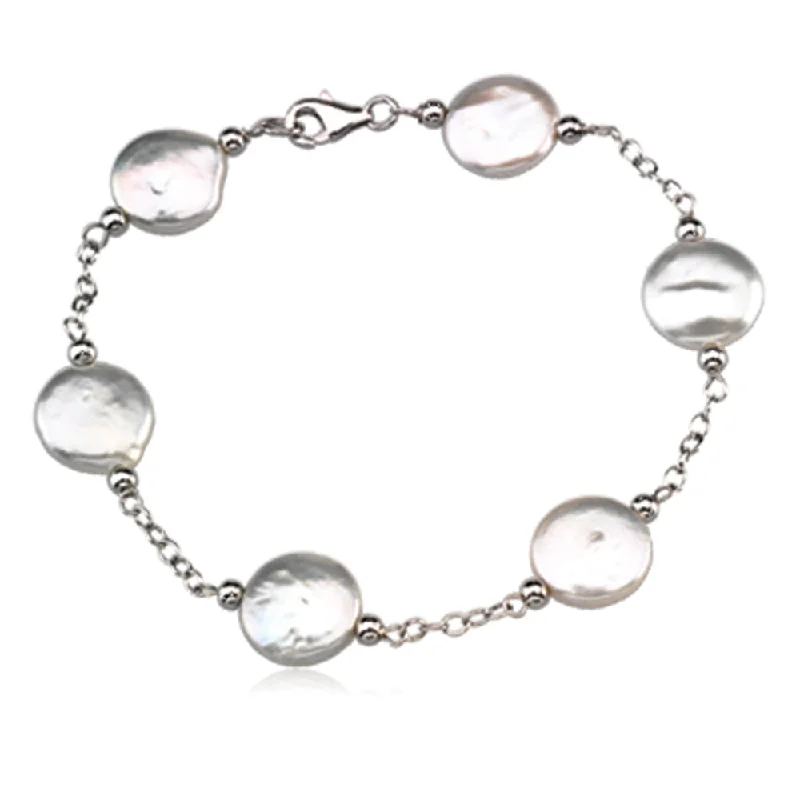 White FW Cultured White Coin Pearl & Sterling Silver 7.5 Inch Bracelet