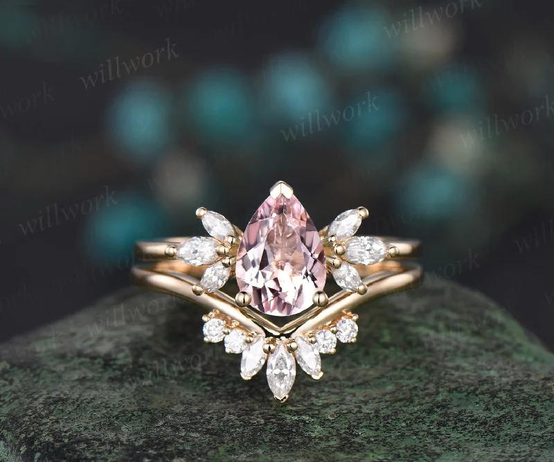 Vintage pear shaped pink morganite engagement ring solid 14k 18k yellow gold marquise cut diamond bridal wedding ring set women jewelry