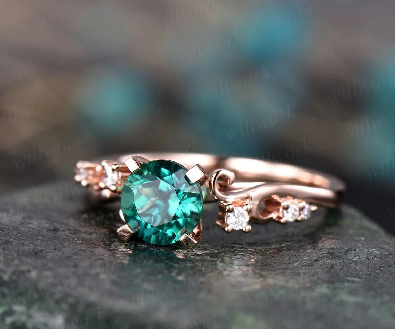 Emerald ring vintage emerald engagement ring 14k rose gold real diamond ring gift unique antique wedding promise anniversary ring for her