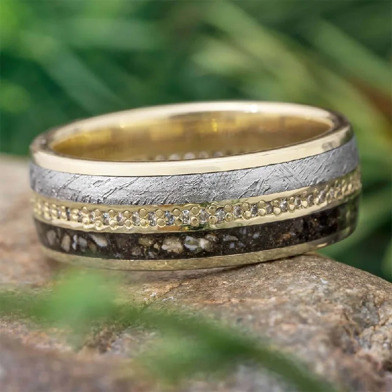 White Gold Eternity Band with Meteorite & Dinosaur Bone