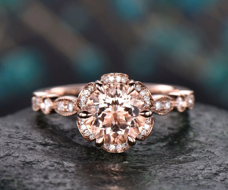 Vintage round cut morganite engagement ring  14k rose gold double under halo diamond ring half eternity art deco unique wedding ring women