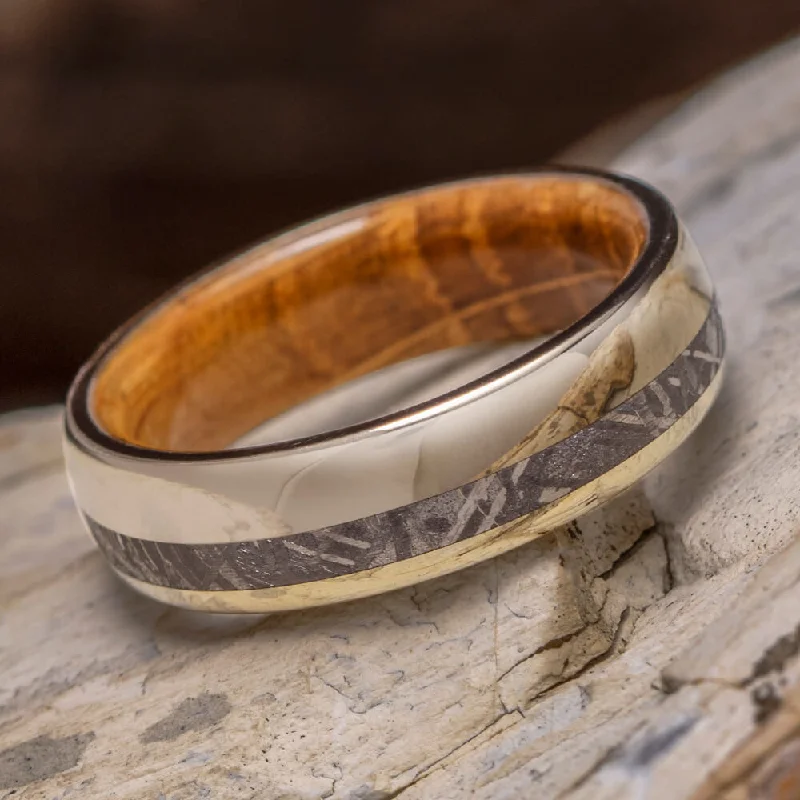 Solid Gold Ring with Meteorite & Whiskey Barrel Wood