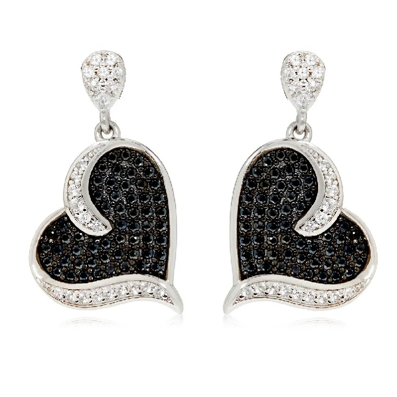 925 Sterling Silver Black Spinel and White Cz Dangle Heart Shaped Earrings