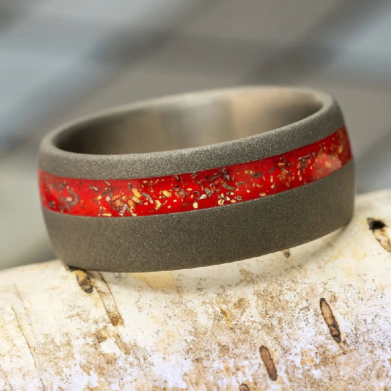 Red Stardust™ Men's Wedding Band In Sandblasted Titanium