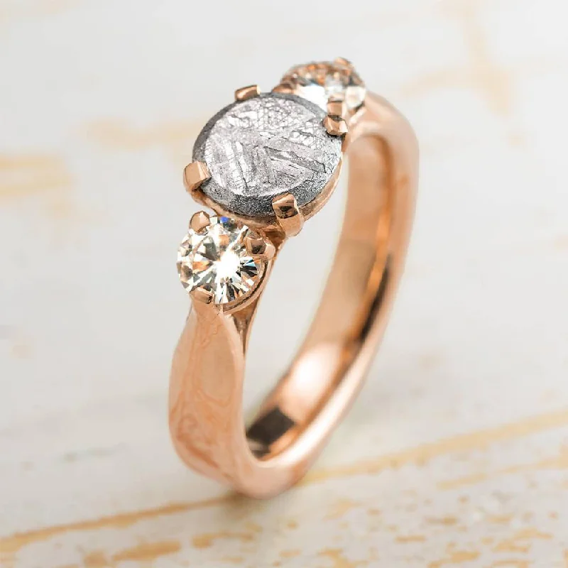 Three Stone Engagement Ring with Gibeon Meteorite in Rose Gold