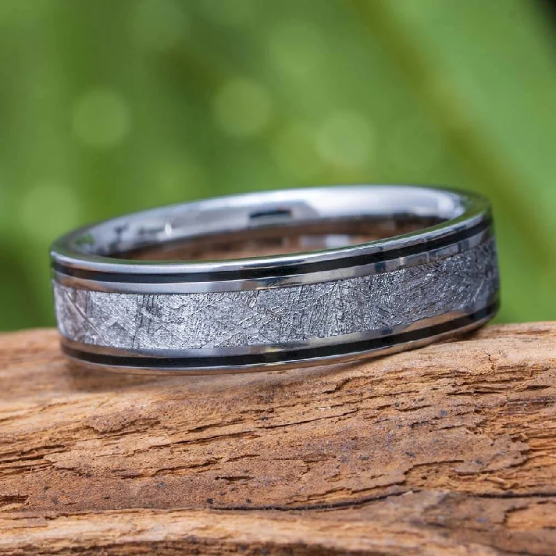 Meteorite Wedding Band With Black Enamel Pinstripes