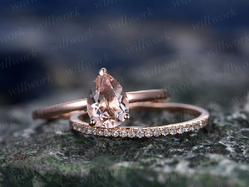 Morganite engagement ring set-handmade Solid 14k Rose gold ring-Real Pave Diamond band-6x8mm Tear Dropped cut  promise ring-Bridal Ring set