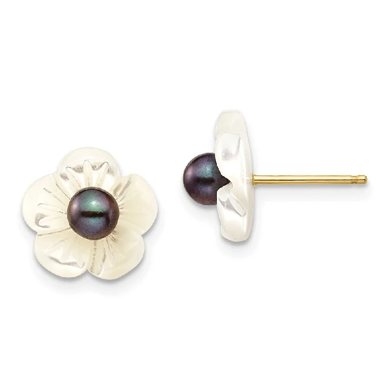 14k Yellow Gold 3-4mm Black Cultured Pearl w10 mm MOP Flower Stud Earrings (L-10 mm, W-10 mm)