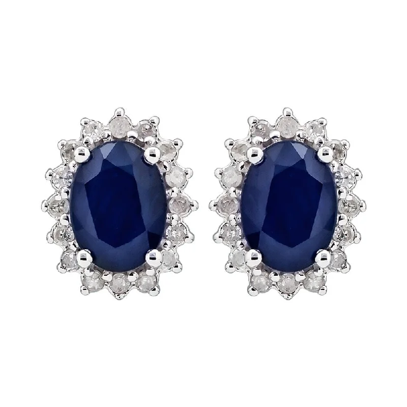 Viducci 10k White Gold Genuine Oval Sapphire and 1/4ct Diamond Halo Earrings