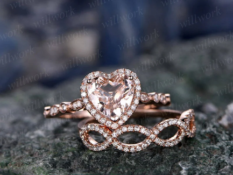 Morganite engagement ring-handmade Solid 14k Rose gold ring-Real Floral Diamond band-Heart shaped Cut gemstone promise ring-Bridal Ring set