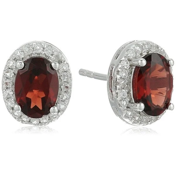 Sterling Silver Oval Garnet, White Topaz Halo Stud Earrings - Red