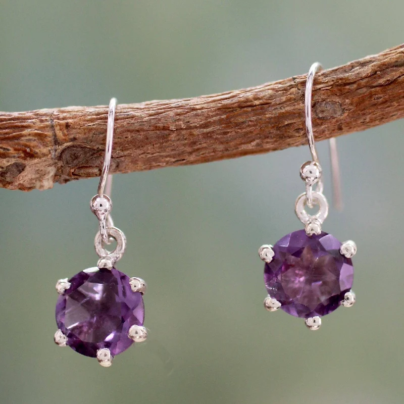 NOVICA Handmade Sterling Silver 'Lilac Solitaire' Amethyst Earrings (India) - 1*0.4