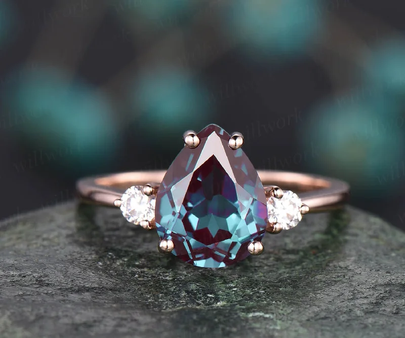 Teardrop alexandrite ring vintage moissanite three stone engagement ring alexandrite engagement ring solid rose gold June birthstone ring