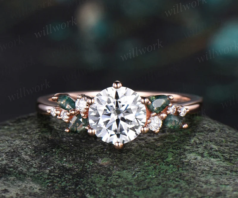 1ct Round cut moissanite engagement ring rose gold 6 prong snowdrift moss agate diamond anniversary promise ring women