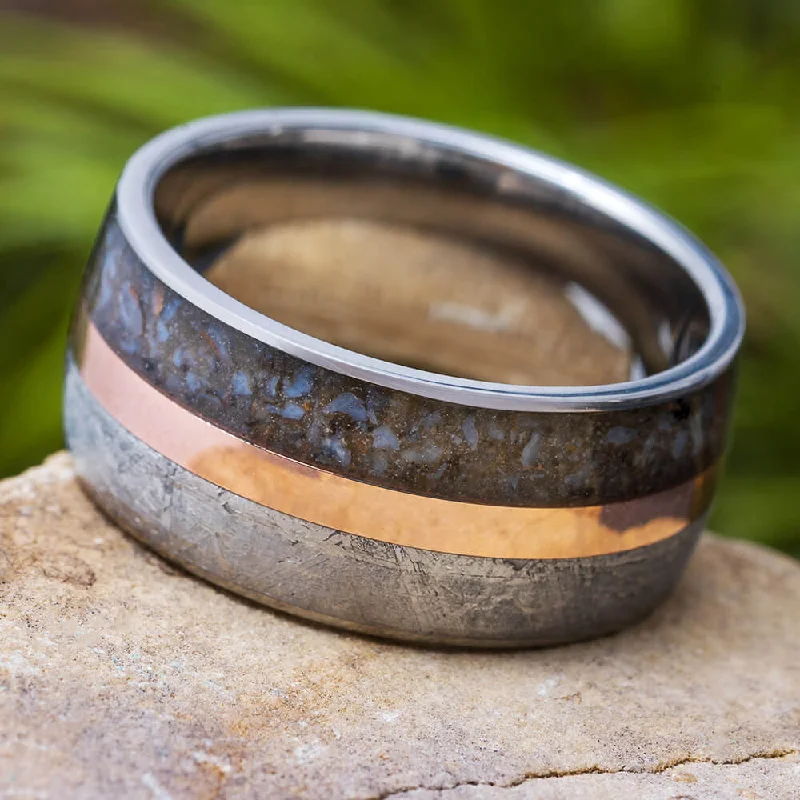 Meteorite & Dino Bone Ring With Gold Pinstripe, 10mm Ring