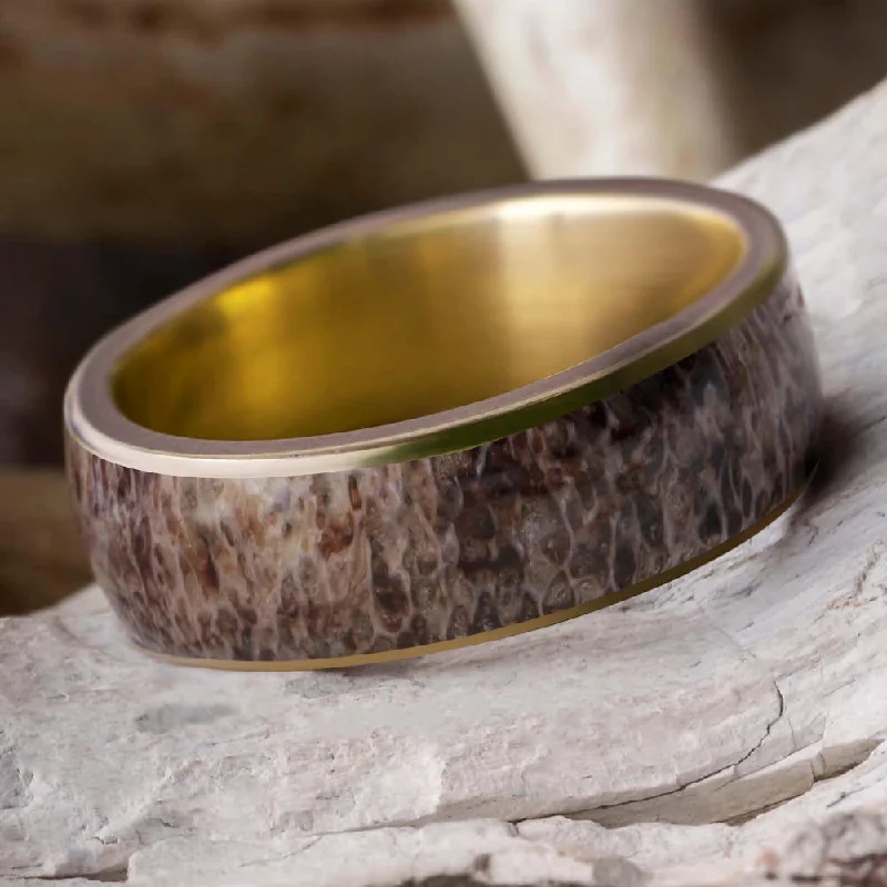 Matte Finish Men's Wedding Band With Deer Antler