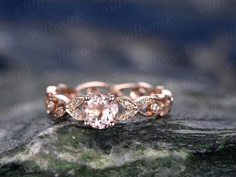 Pink morganite engagement ring-Solid 14k Rose gold-handmade full eternity diamond ring-5mm Round cut gemstone promise ring-Art Deco ring