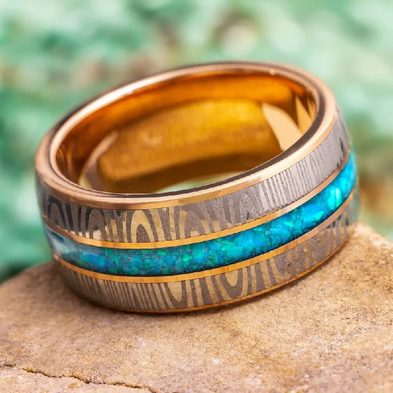 Damascus Steel & Blue Opal Men's Wedding Band