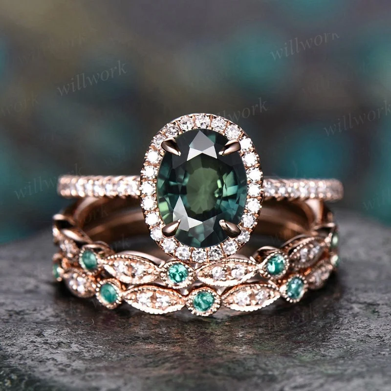 Vintage teal green sapphire engagement ring halo unique rose gold engagement ring diamond emerald ring for women bridal wedding ring set