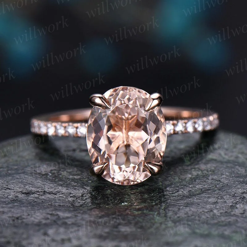 Pink morganite engagement ring solid 14k rose gold ring real diamond oval antique half eternity gift promise wedding bridal ring for her