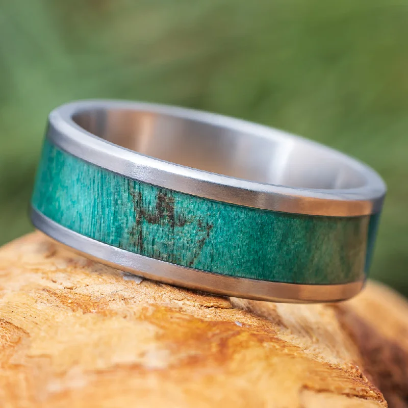 Matte Titanium Ring With Green Wood Inlay