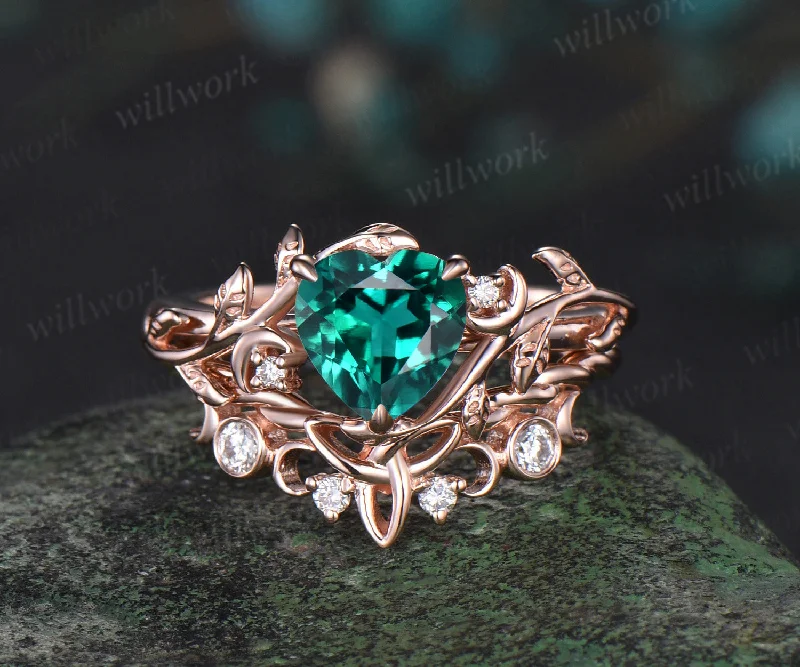 Vintage heart green emerald engagement ring rose gold twig leaf Nature inspired moon diamond Celtic knot wedding ring set